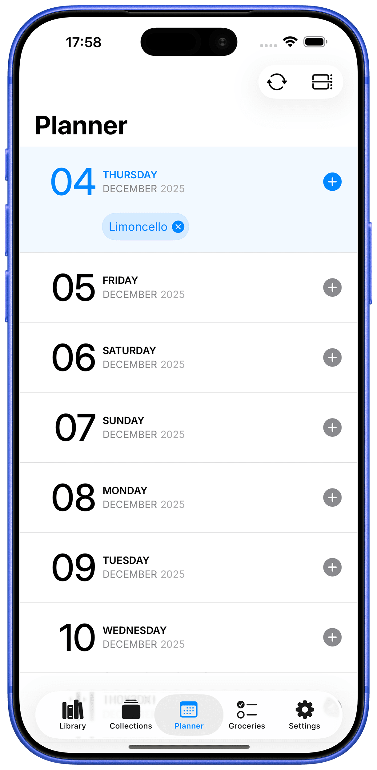 Meal planning calendar interface